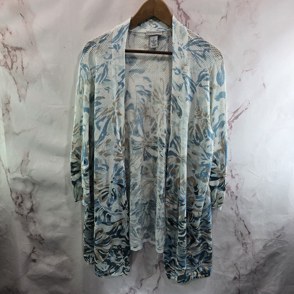 Catherines Cardigan Womens 2X Blue White Floral Topper Shawl Wrap Perforated